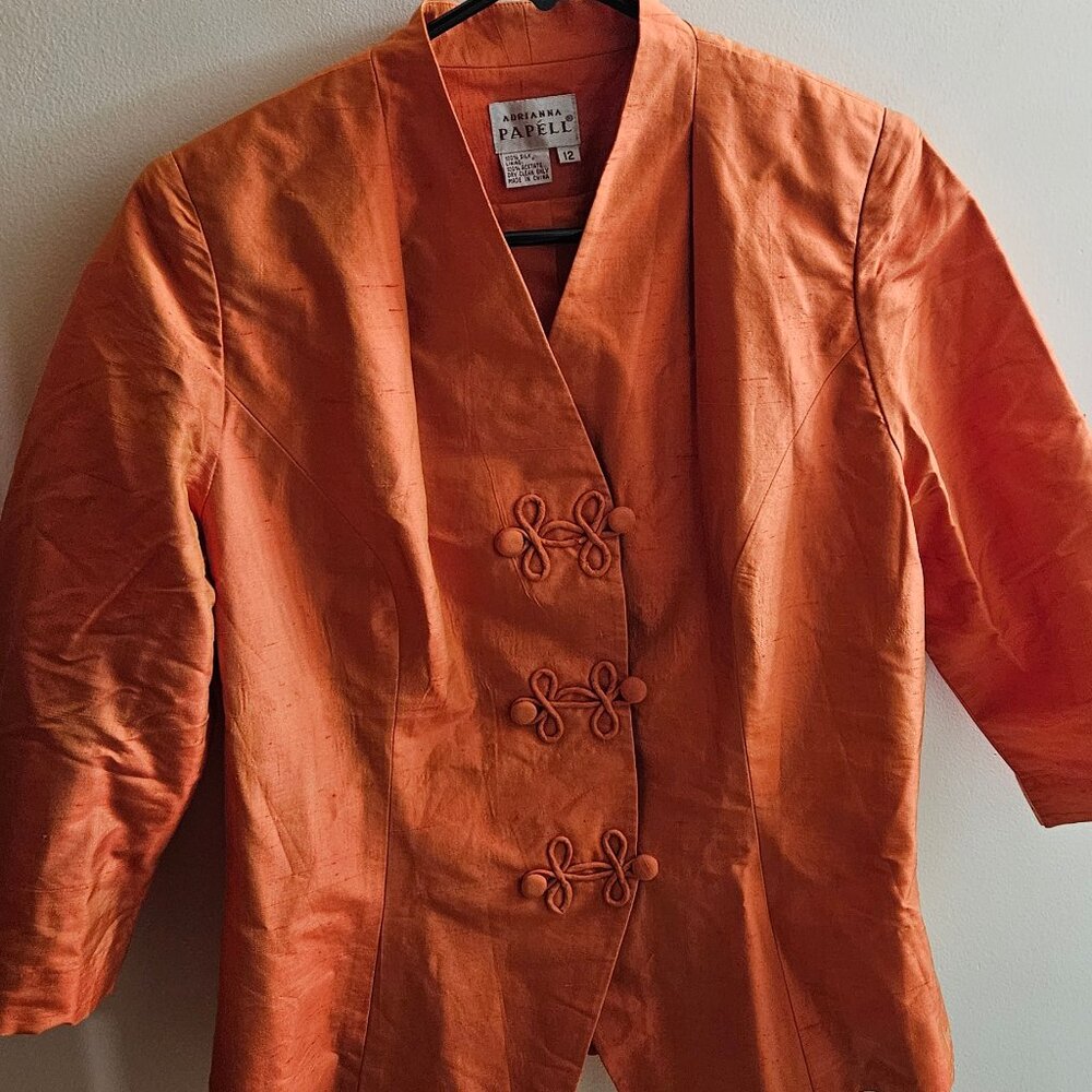 Beautiful 100% Silk Orange with Green Shift Evening Jacket Size 12